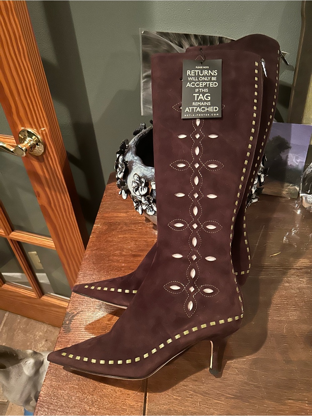 Rare Jimmy Choo Cutout Boots w Green Leather Stripping New